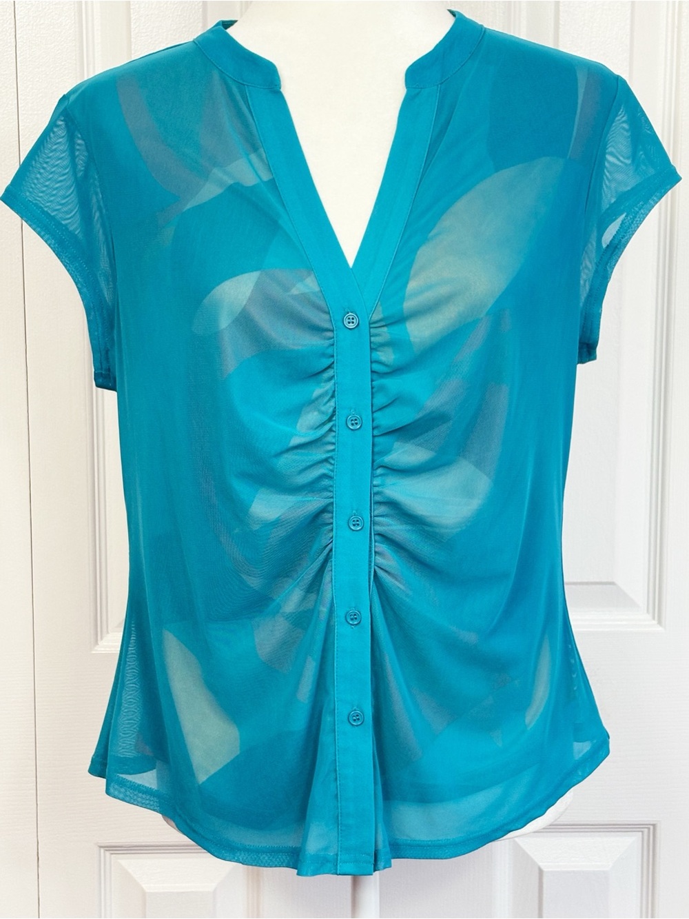 NWT Les Serein Rylee Turquoise Mesh Lined Print Short Sleeve Top Large